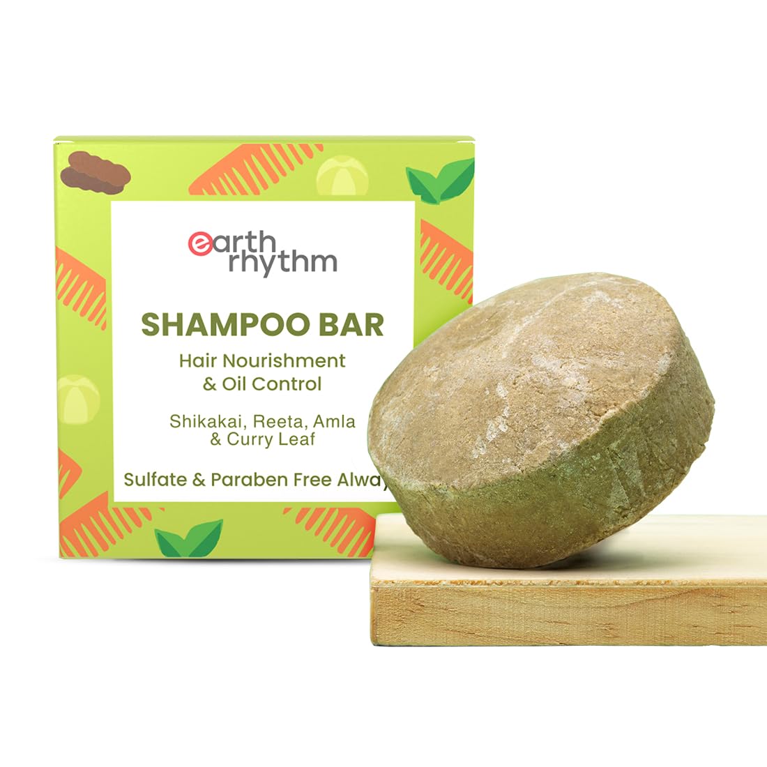 Picture of Earth Rhythm Shampoo Bar for Hair Nourishment &amp; Oil Control with Shikakai, Reetha, Amla &amp; Curry Leaf 80gm (Paper box) 